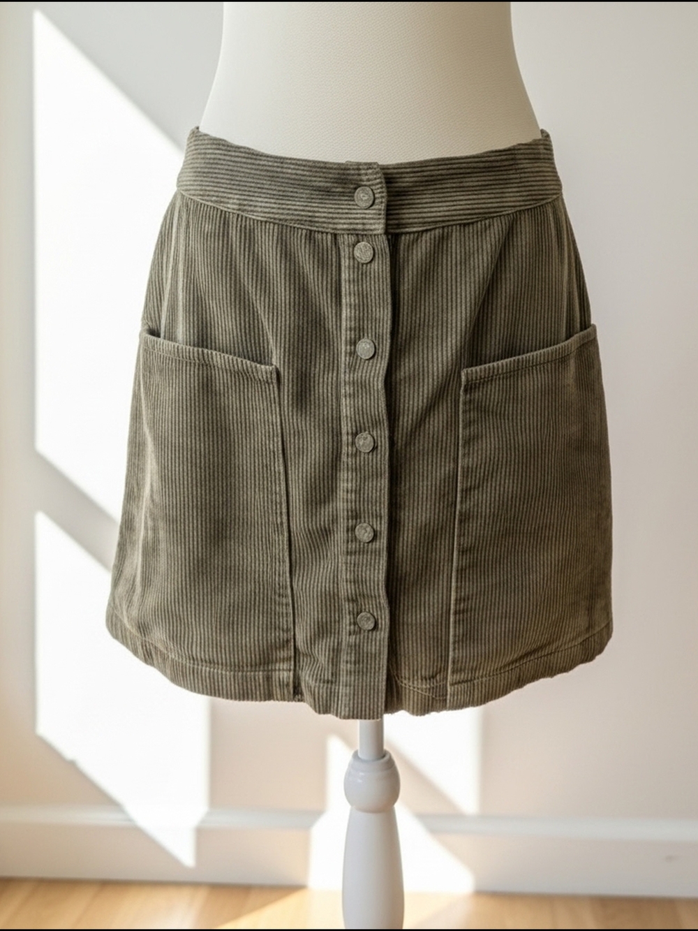 Corduroy Snap-Front Mini Skirt in Olive Green - Truth By Republic 100% Cotton